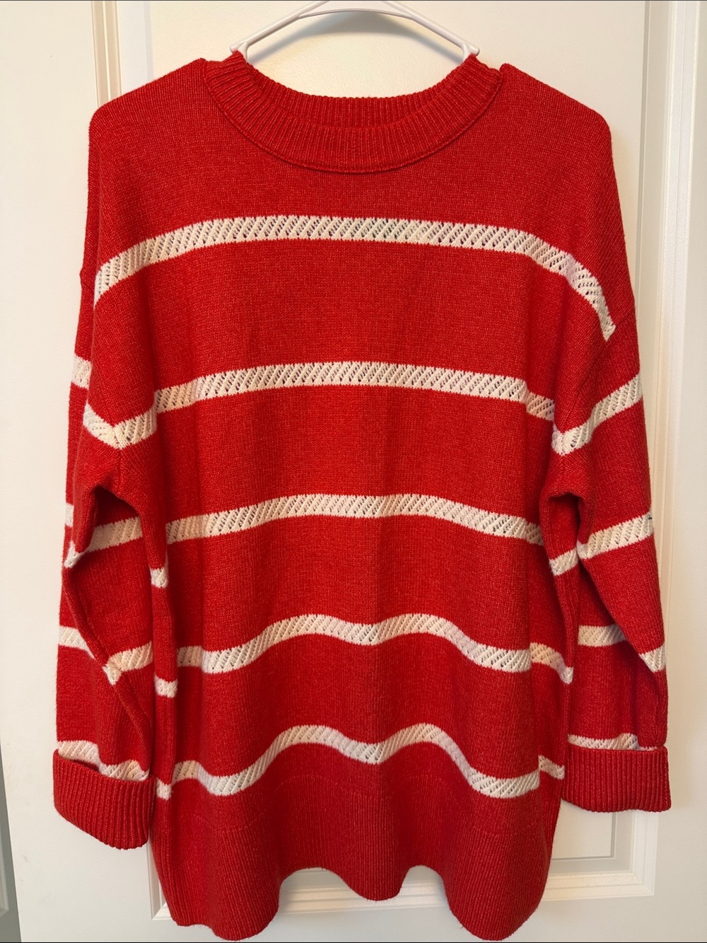 aerie Red & White Oversized & Soft Striped Crew Sweater